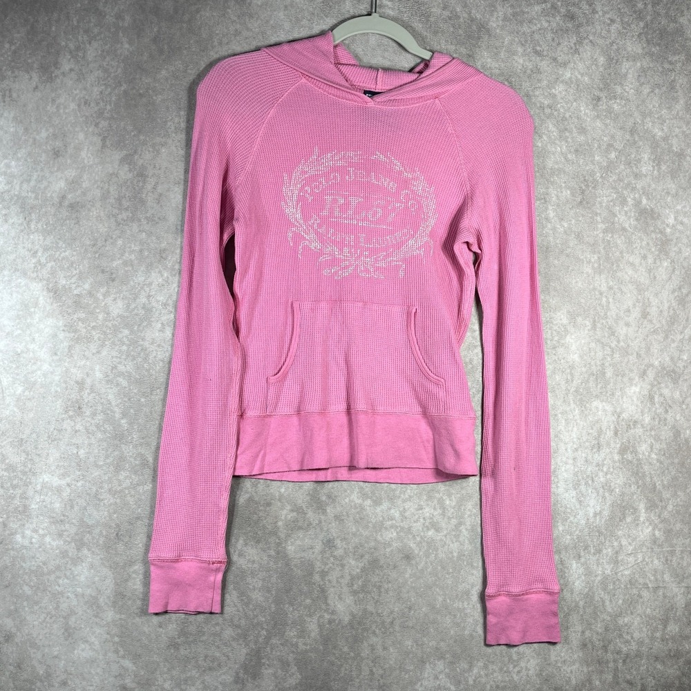 VTG Polo Jeans Co. Ralph Lauren Shirt Womens M Pink Waffle Thermal Hoodie Y2K
